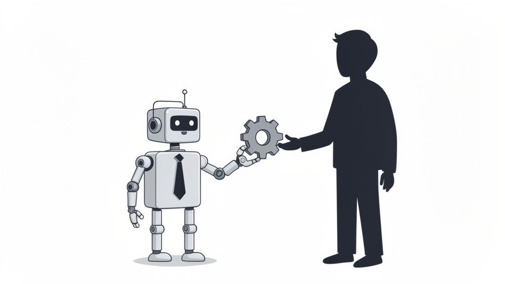 A friendly robot wearing a tie hands a metal gear to a human silhouette.