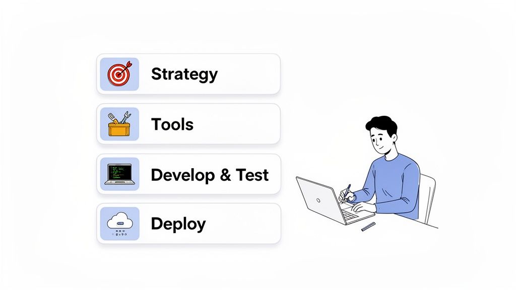 Illustration of a software development lifecycle with steps: strategy, tools, develop, test, and deploy.