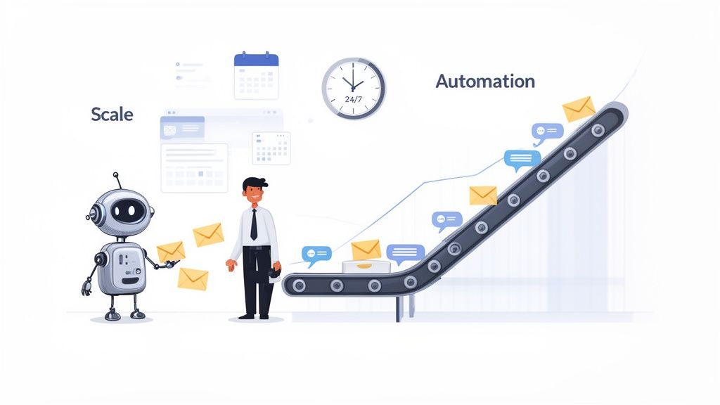 A robot and a man automating tasks with emails on a conveyor belt for business scale.