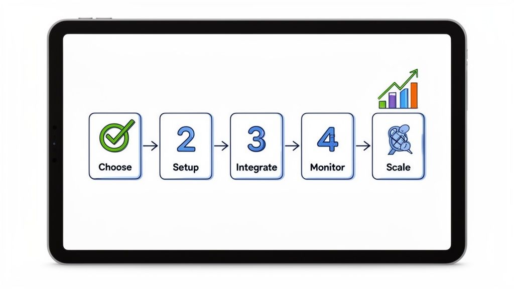 Digital tablet illustrating a sequential five-step business workflow: choose, setup, integrate, monitor, and scale.