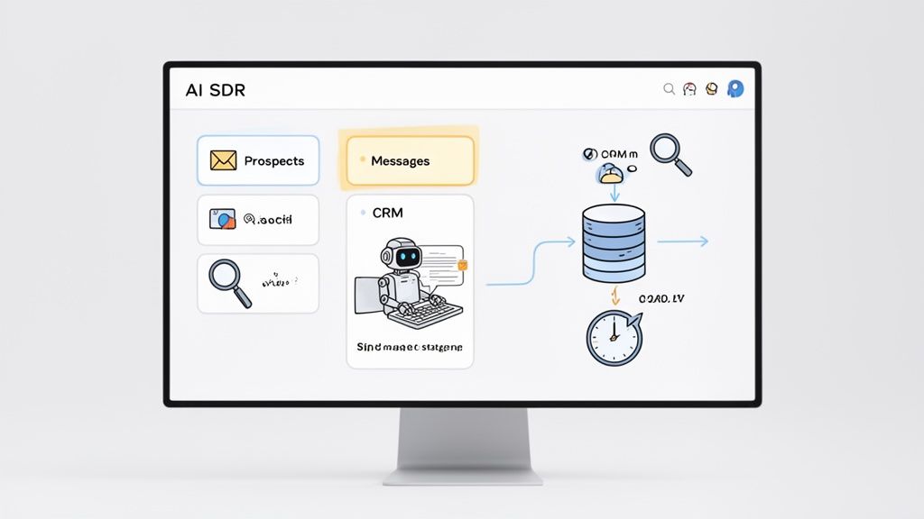 A comprehensive AI SDR software interface on a monitor, showing modules for prospects, messages, CRM, and data flow.