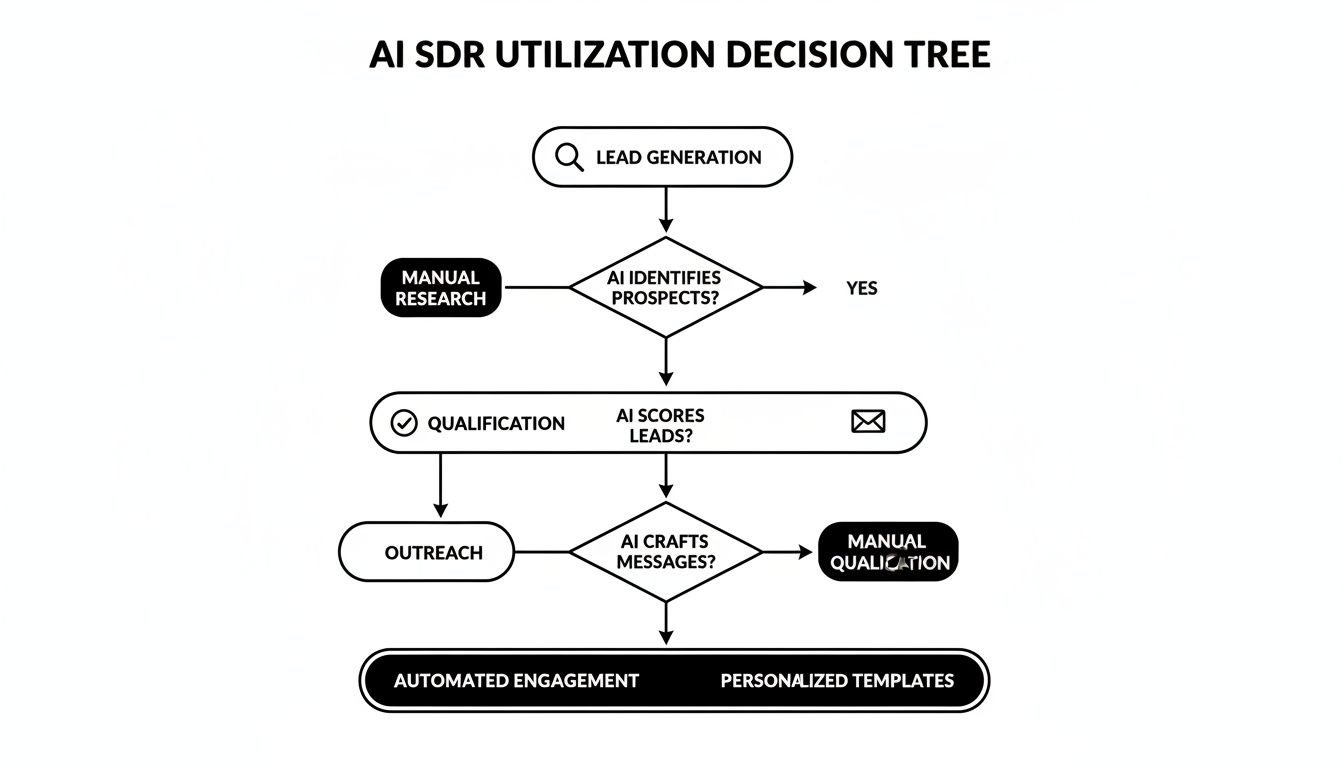 An AI SDR utilization decision tree flowchart showing steps from lead generation to automated engagement and personalized templates.