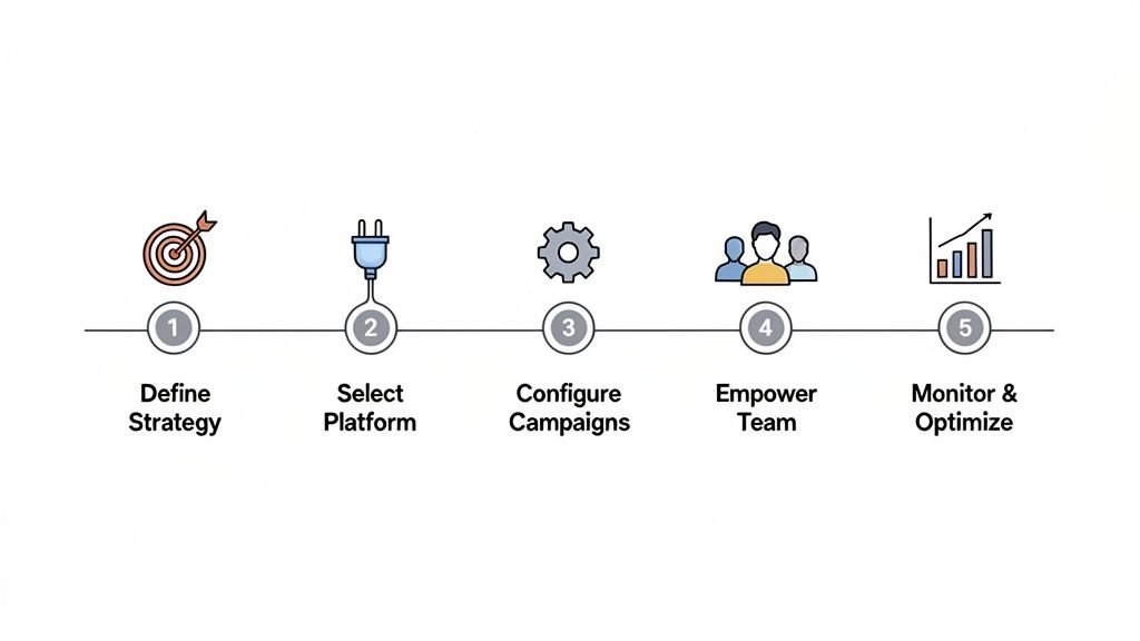 A 5-step process diagram illustrating strategy, platform selection, campaign configuration, team empowerment, and optimization.