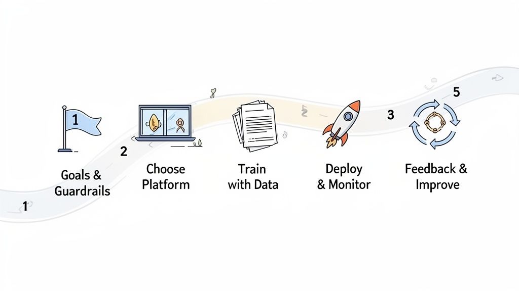 An illustration of a five-step process: Goals, Platform, Training, Deployment, and Feedback loop.