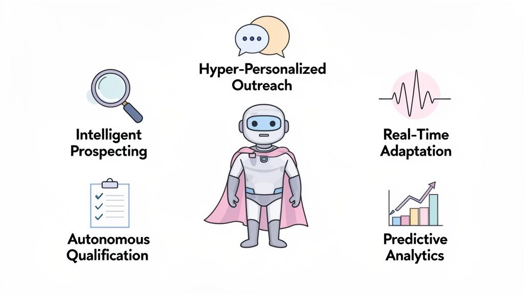 A robot superhero illustrates AI capabilities: intelligent prospecting, personalized outreach, real-time adaptation, autonomous qualification, and predictive analytics.