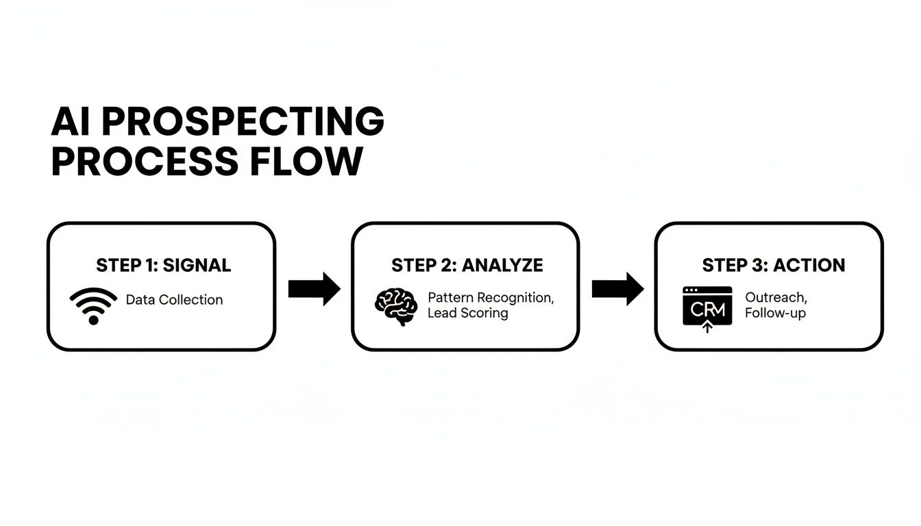 Flowchart illustrating the AI prospecting process: Signal, Analyze, and Action steps.
