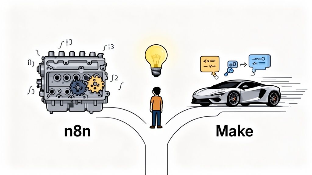 A person stands at a crossroads, choosing between a complex engine (n8n) and a fast sports car (Make) for automation.