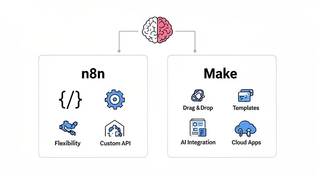Comparison of n8n and Make platforms, highlighting features like flexibility, custom API, drag & drop, and AI integration.