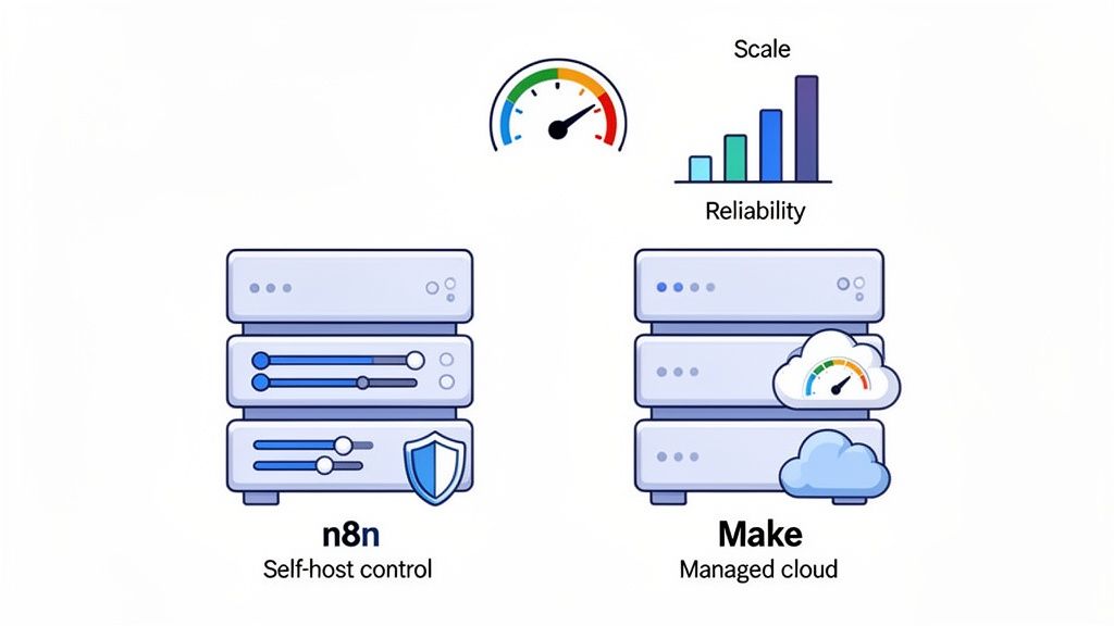 Visual comparison of n8n self-host control and Make managed cloud, highlighting features like security, speed, and scalability.