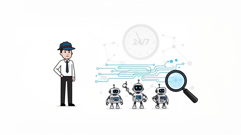 A detective with AI robots, magnifying glass, and 24/7 network for automated analysis.