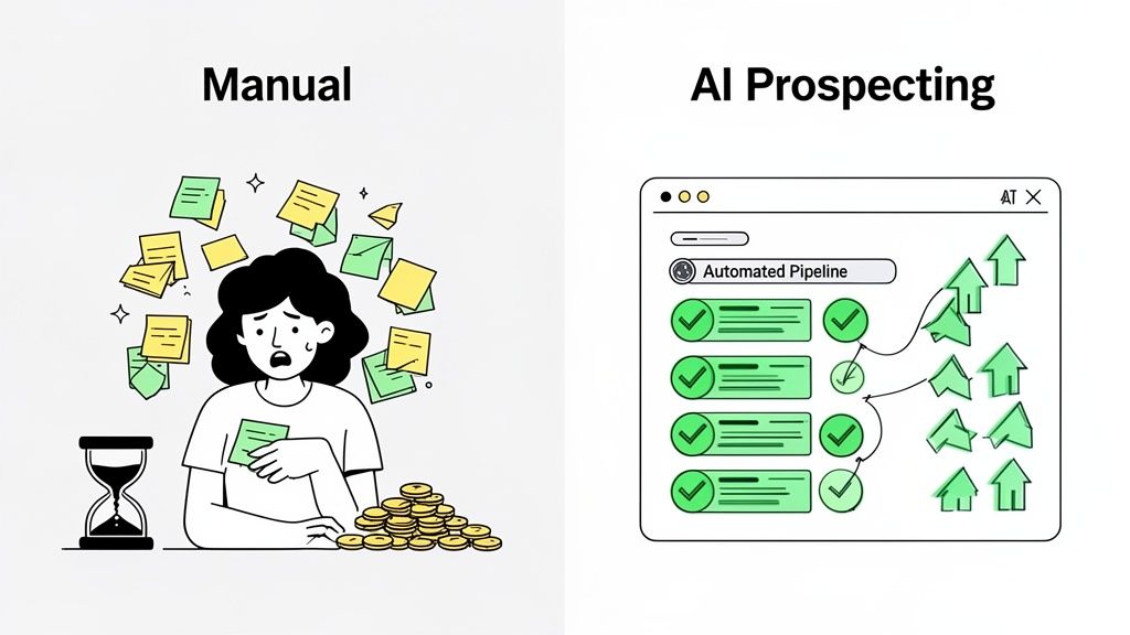 Comparison of manual sales prospecting's struggle with efficient AI-driven automated pipeline success.