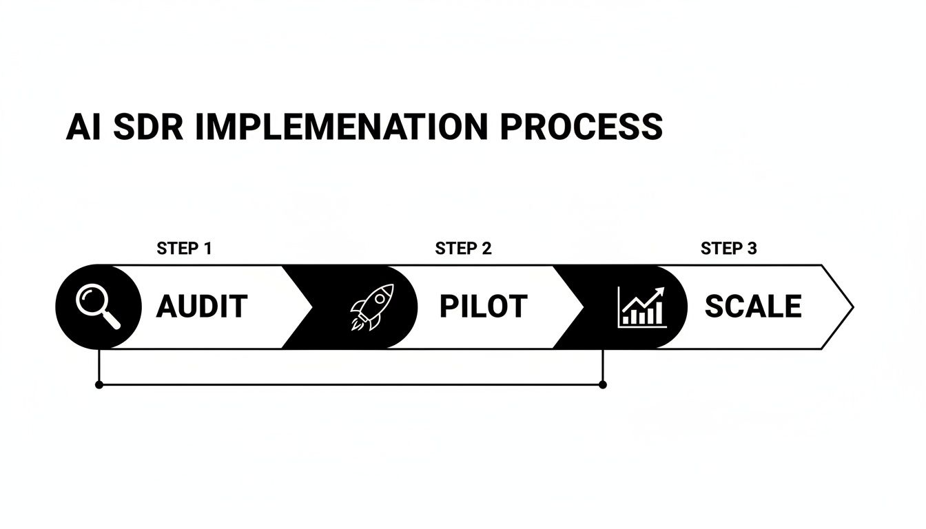 A diagram outlining the AI SDR implementation process with three key steps: Audit, Pilot, and Scale.