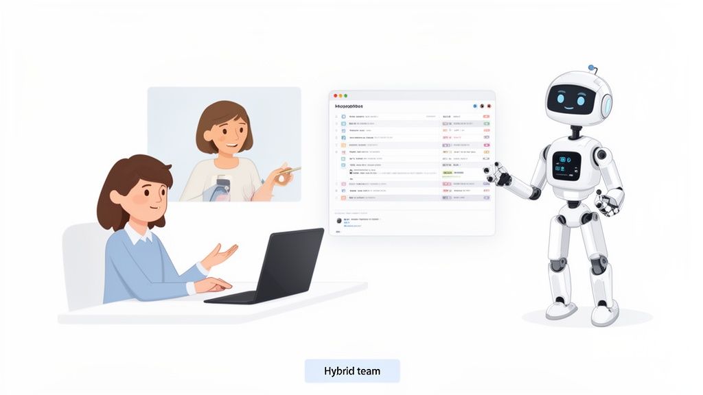 Illustration of a hybrid team collaborating, with human workers and an AI robot interacting with software.