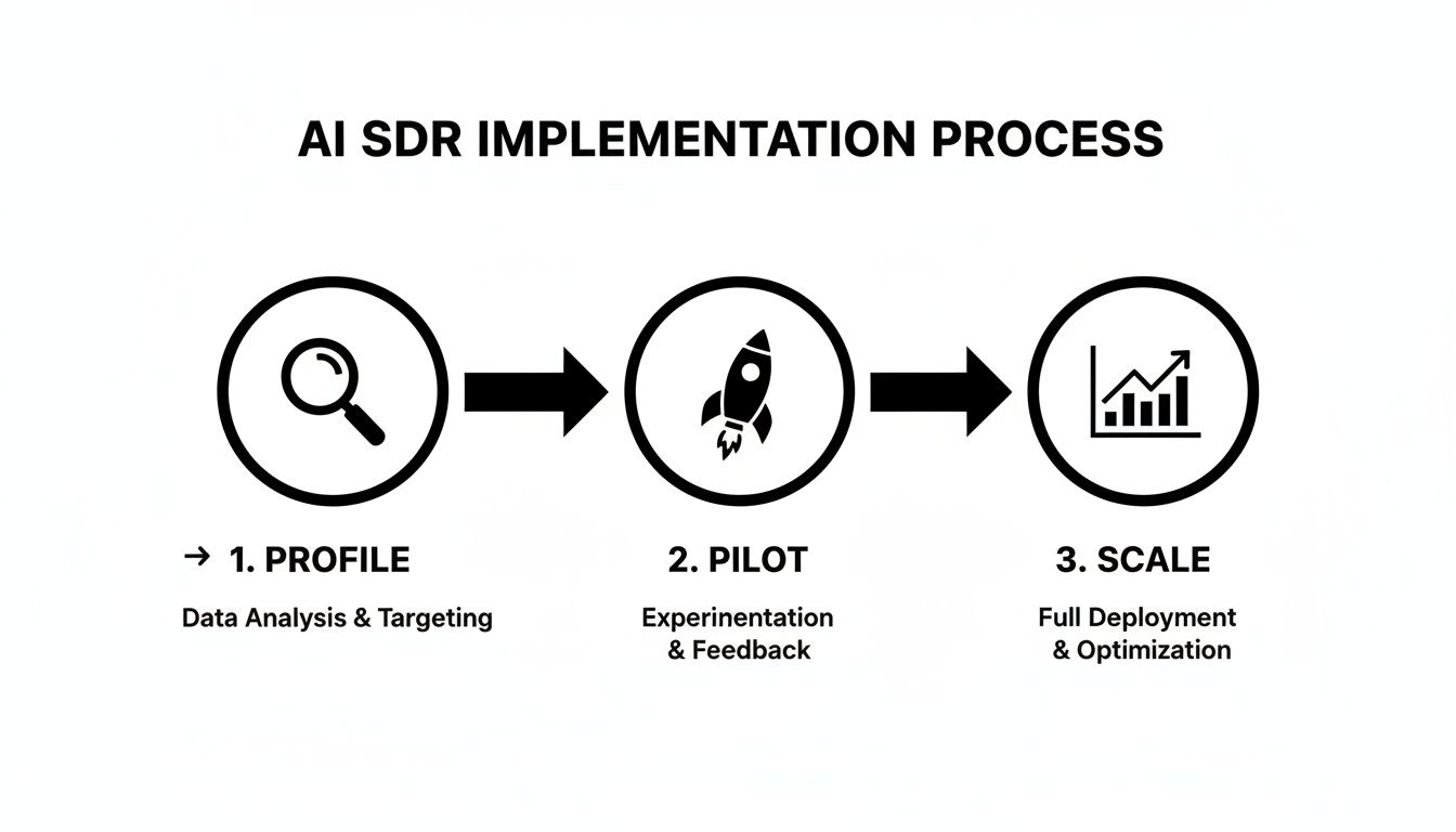 Infographic illustrating the AI SDR implementation process, outlining Profile, Pilot, and Scale stages.