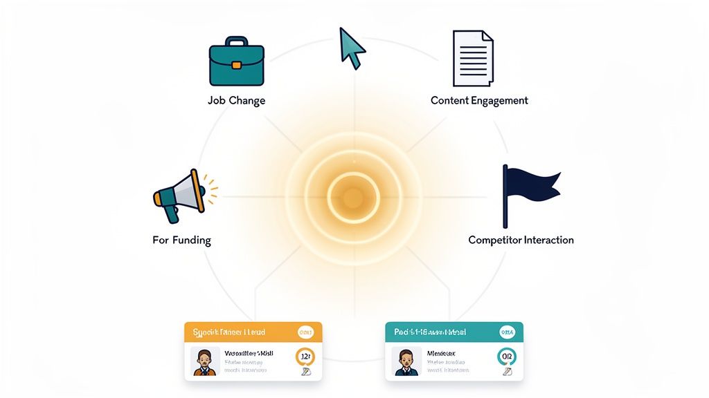 Diagram illustrating business triggers: job changes, content engagement, funding, and competitor interaction, linked to prospect profiles.