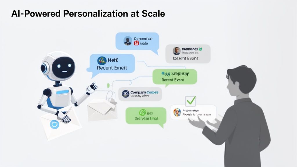 An AI robot personalizing information and event updates for a human user at scale.