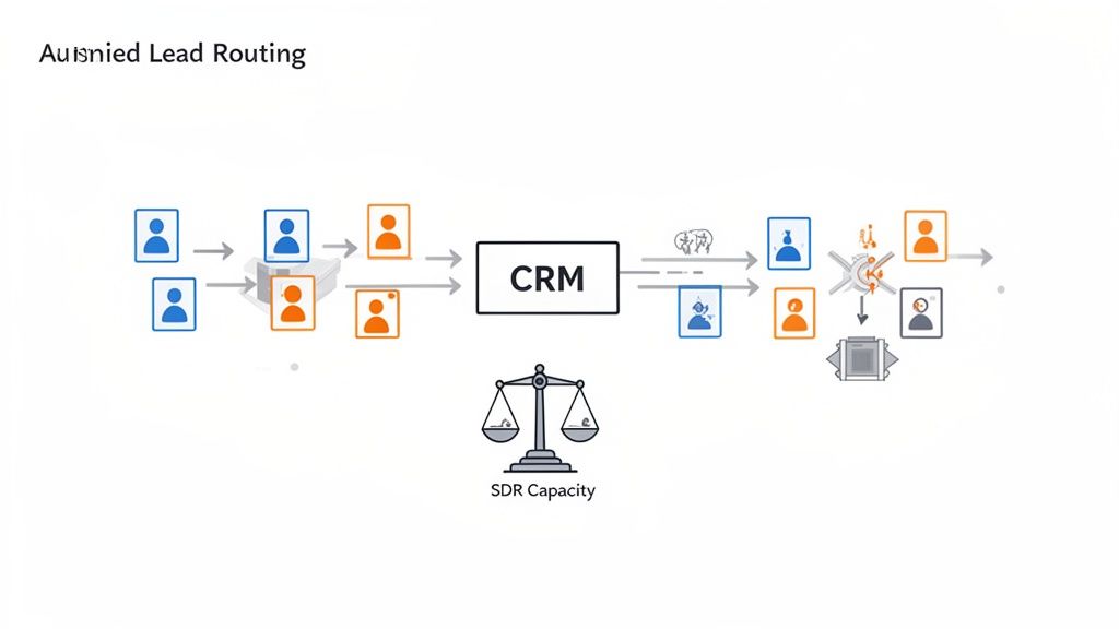 Diagram illustrating automated lead routing process through CRM, balancing SDR capacity for efficient lead distribution.