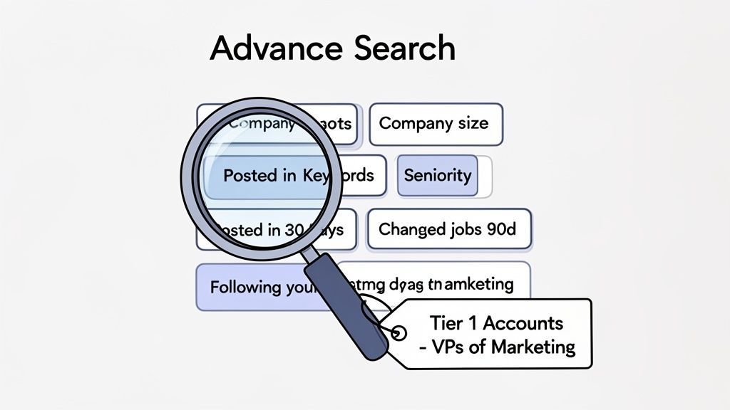 Advanced search interface showing filters like keywords, seniority, and a tag for VPs of Marketing.