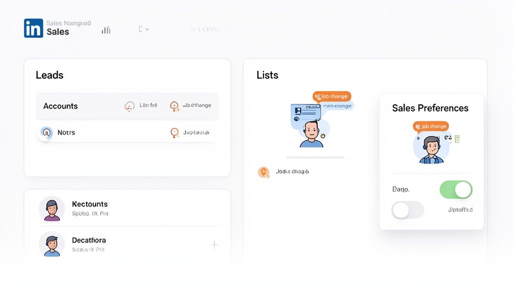 A sales management dashboard displaying leads, accounts, lists, and sales preferences with user profiles and job change alerts.