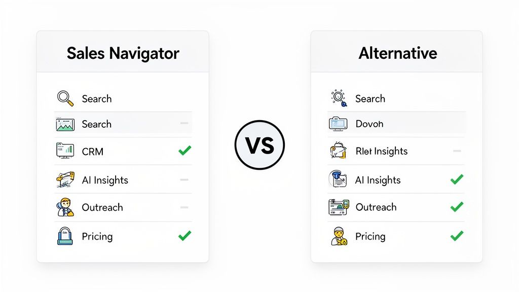 Comparison table of Sales Navigator and an alternative, showing features like CRM, AI insights, and pricing.