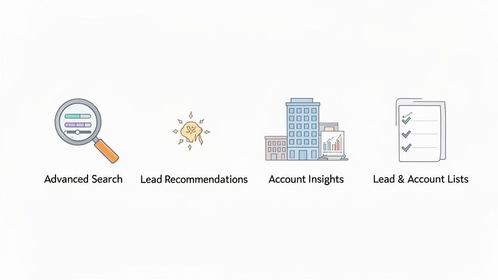 Four icons depict sales features: advanced search, lead recommendations, account insights, and lead lists.