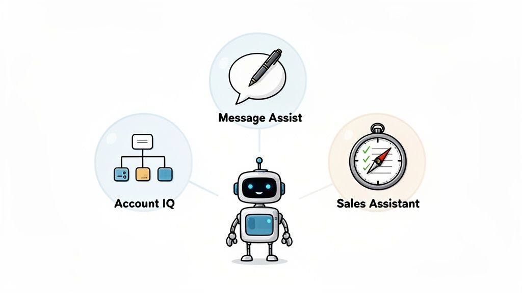 A robot connected to three features: Message Assist (pen and speech bubble), Account IQ (flowchart), and Sales Assistant (compass).