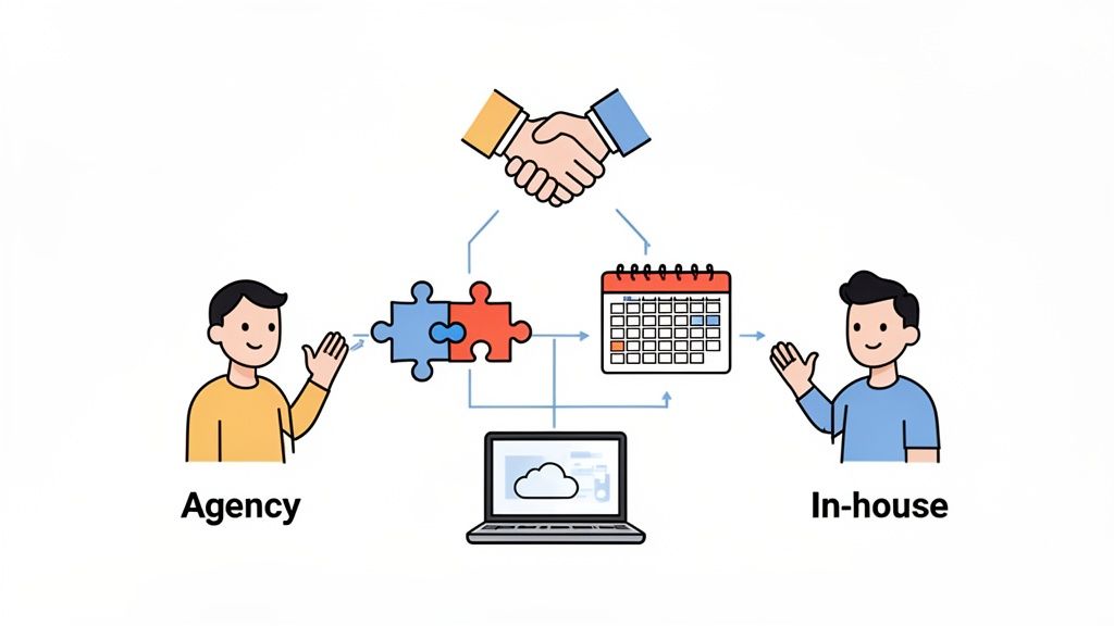 Illustration showing agency and in-house team collaboration with puzzle, calendar, and cloud computing.