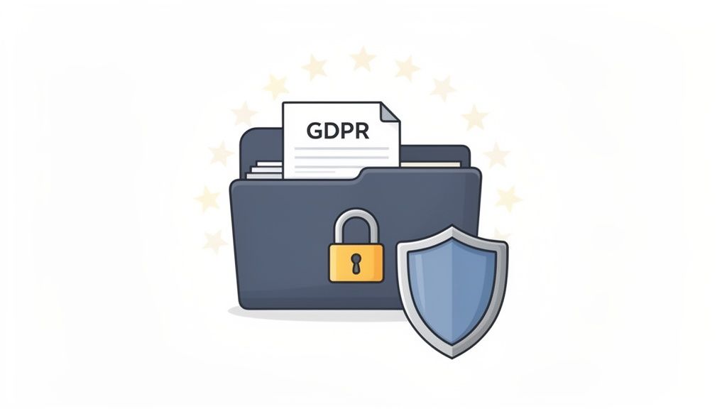 Illustration of a folder with GDPR papers, a padlock, and a shield for data protection.