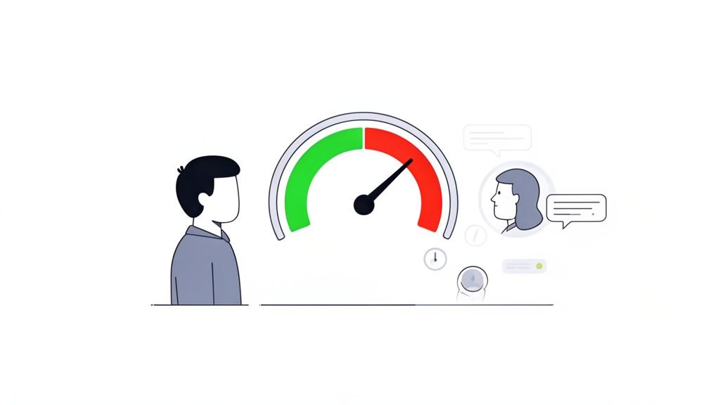 Illustration of a gauge with a needle in the red zone, between two user profiles, indicating a compliance issue.