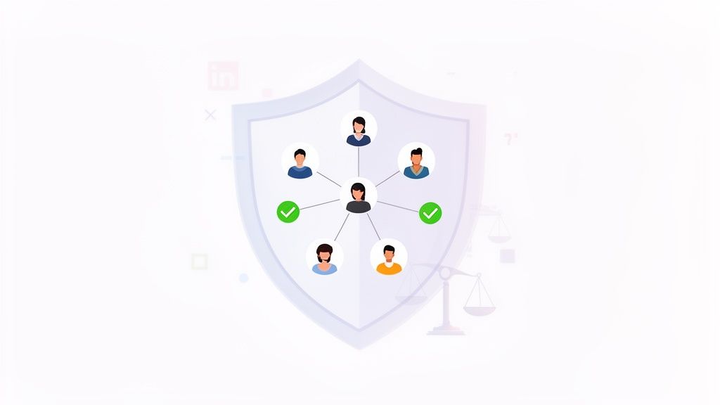 A central person connected to five others within a shield, symbolizing secure network and data protection with approvals.