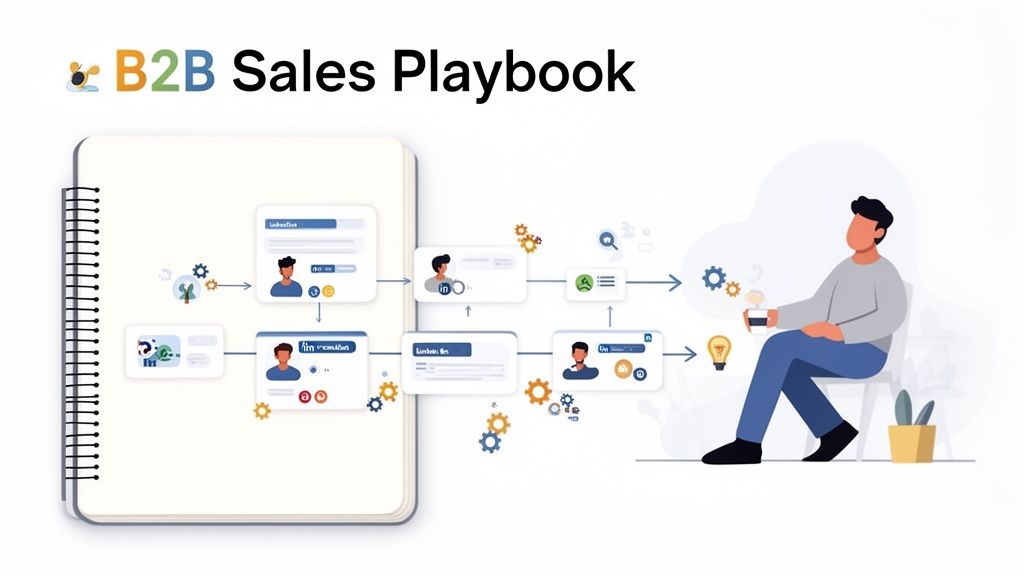 Illustration of a B2B Sales Playbook with a flowchart of lead generation steps and a person observing.