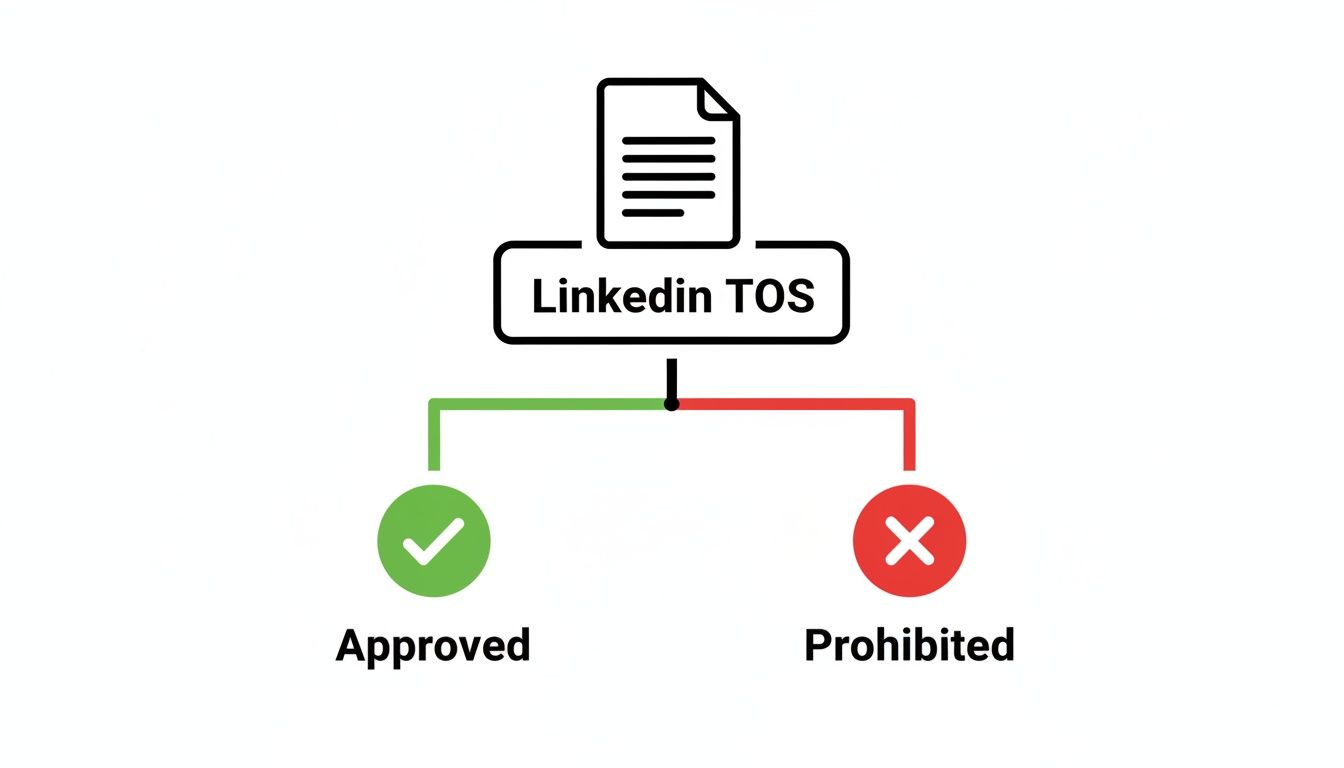 Flowchart illustrating LinkedIn Terms of Service compliance, distinguishing between approved and prohibited actions.