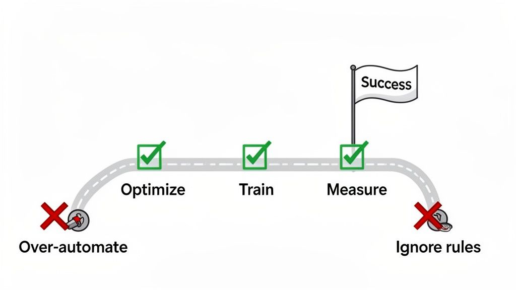 A visual path to success showing Optimize, Train, and Measure steps, avoiding Over-automate and Ignore rules.