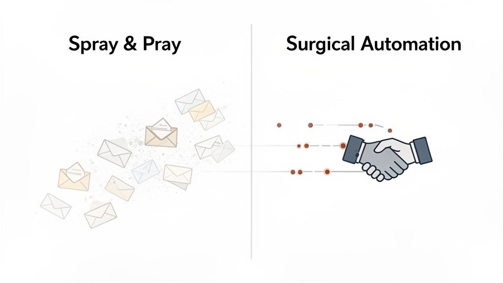 Illustration comparing 'Spray & Pray' with scattered envelopes to 'Surgical Automation' with a handshake icon and targeted lines.