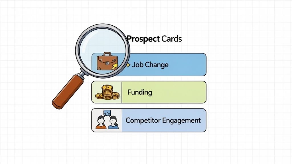 A magnifying glass highlights prospect cards for job change, funding, and competitor engagement.