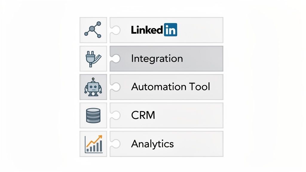 LinkedIn workflow diagram illustrating integration, automation, CRM, and analytics steps with corresponding icons.