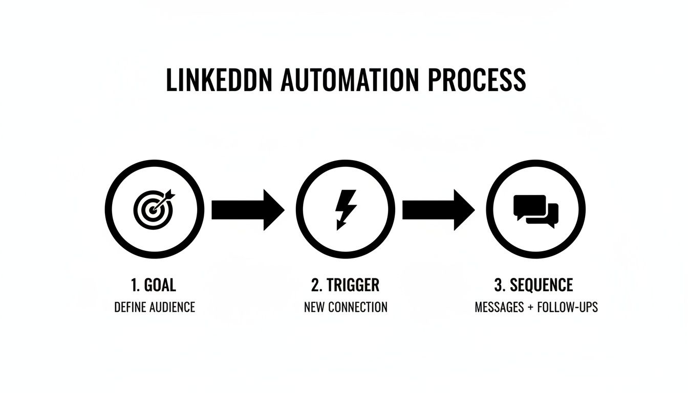 A LinkedIn automation process flow diagram showing steps: Goal, Trigger, and Sequence for new connections.