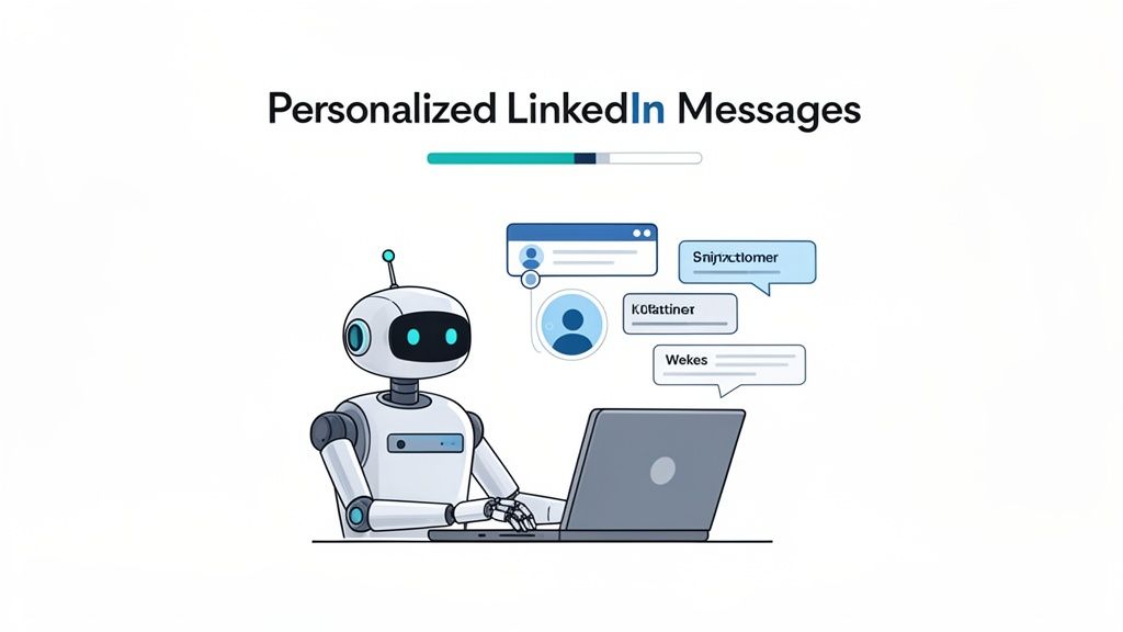 A robot types on a laptop, sending personalized LinkedIn messages for automated outreach.