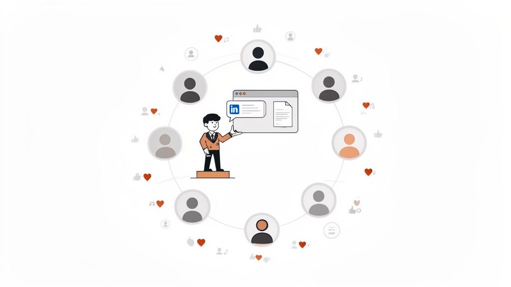 Cartoon businessman shares LinkedIn content to a network of users, surrounded by engagement icons.