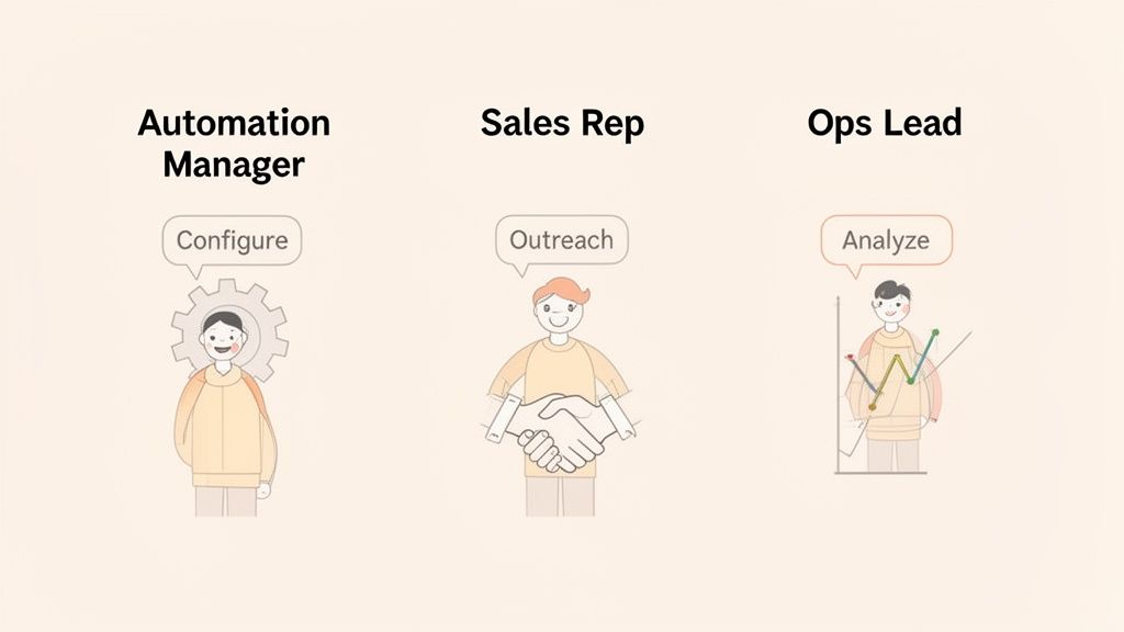 Three illustrated roles: Automation Manager configures, Sales Rep outreaches, and Ops Lead analyzes.