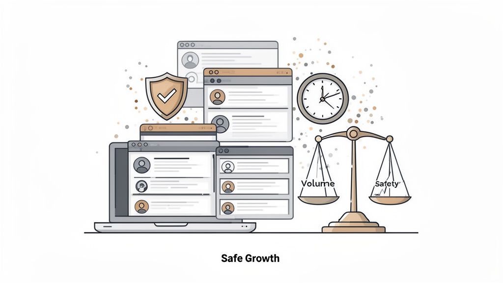 Visual representing safe growth, balancing user volume and safety with security and time management on a platform.