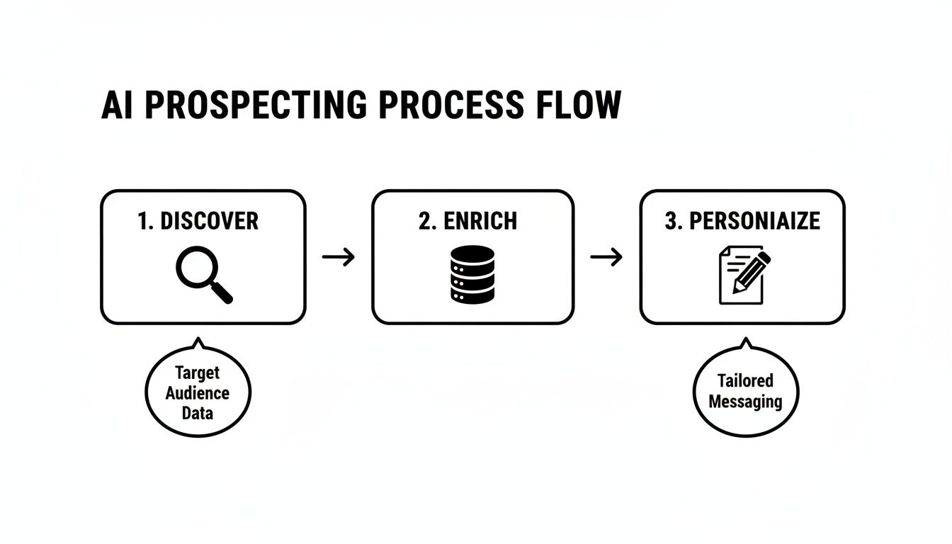 A flowchart outlining the AI prospecting process, detailing steps for discovery, enrichment, and personalization.
