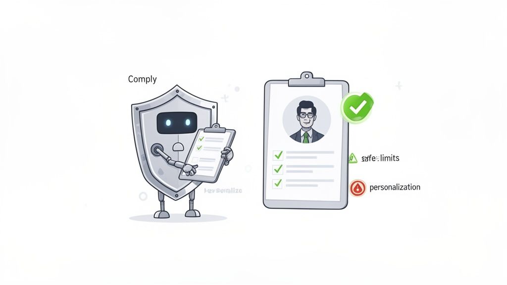 A shield robot with a clipboard checks a user profile for compliance, safe limits, and personalization.
