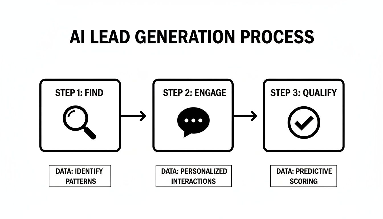 Flowchart showing the three-step AI lead generation process: Find, Engage, Qualify with data insights.