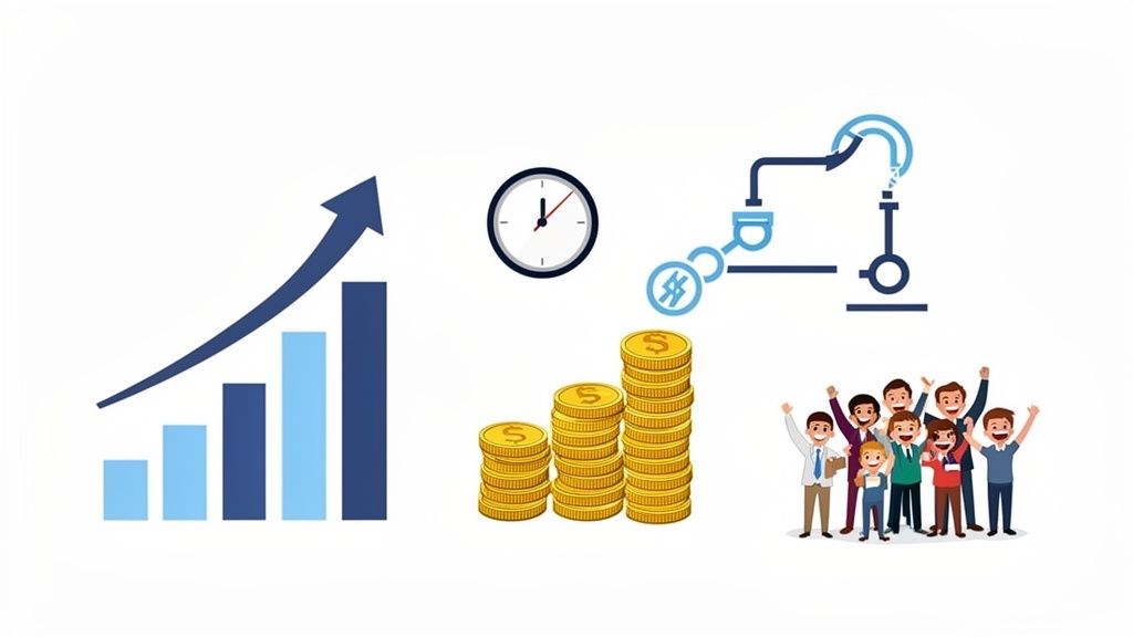 Graphics illustrating business growth, time, money, streamlined processes, and a happy, successful team.