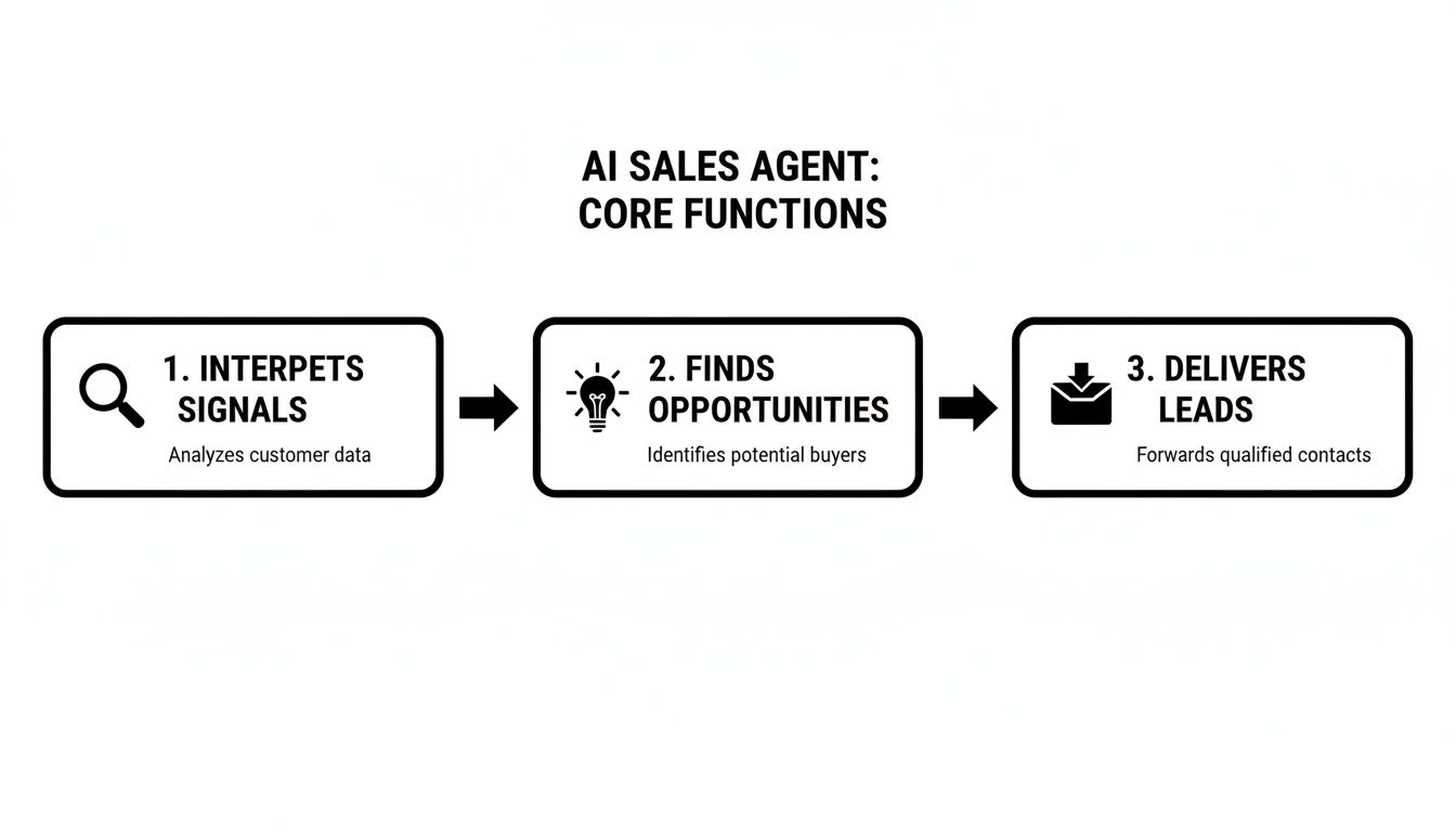 Flowchart illustrating the core functions of an AI sales agent: interpreting signals, finding opportunities, and delivering leads.