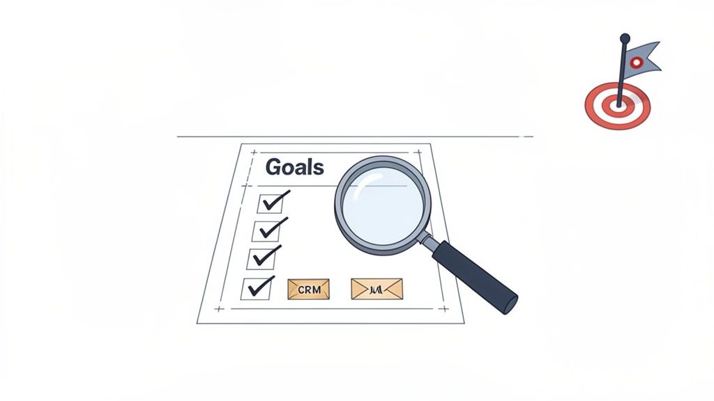 Illustration showing a checklist of 'Goals' being reviewed with a magnifying glass and a target.