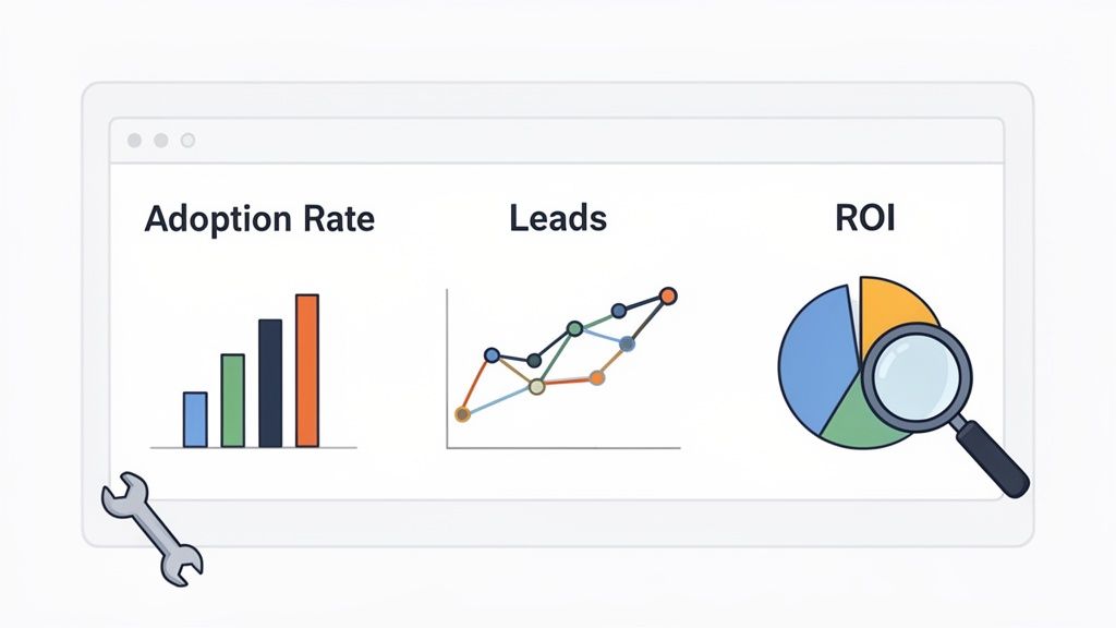 A dashboard screen displaying business performance metrics: Adoption Rate, Leads, and ROI charts, with a wrench icon.