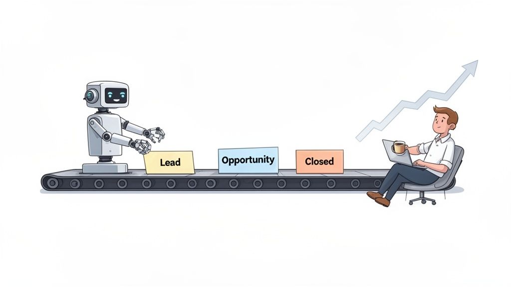 A robot manages leads on a conveyor belt, while a man closes deals, symbolizing sales automation and growth.