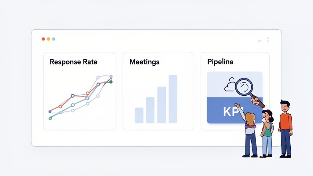 A team collaborates, analyzing a digital dashboard showing 'Response Rate,' 'Meetings,' and 'Pipeline' charts with KPIs.